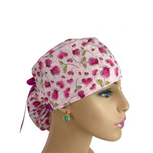 Ponytail Medical Scrub Cap - Hearts N Roses Pink Valentine's Day