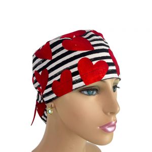 Ponytail Medical Scrub Cap - Hearts & Striped