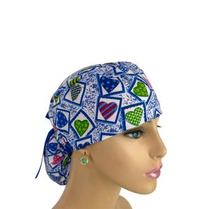 Ponytail Medical Scrub Cap - Lips and Kisses - Colored Hearts