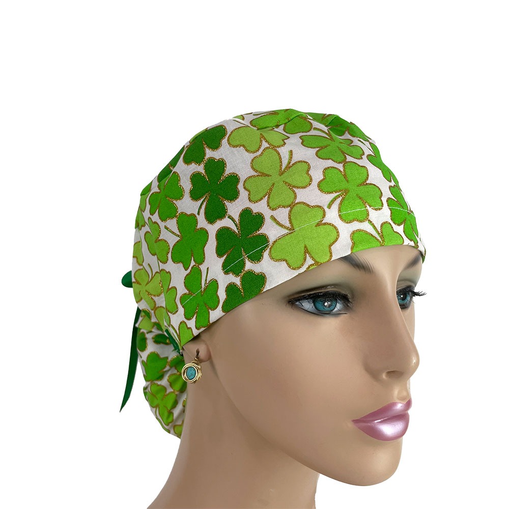Ponytail Medical Scrub Cap - Shamrock and Gold Glitters