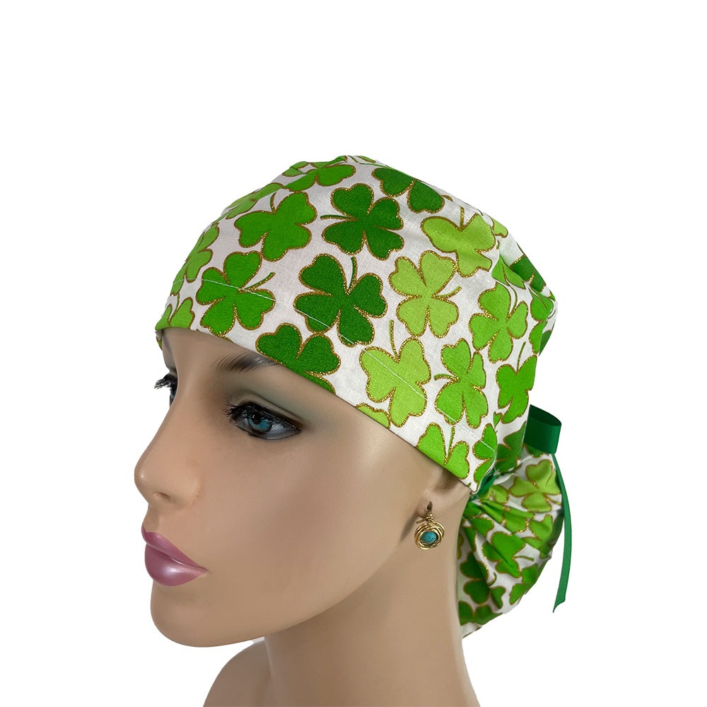 Ponytail Medical Scrub Cap - Shamrock and Gold Glitters - Image 2