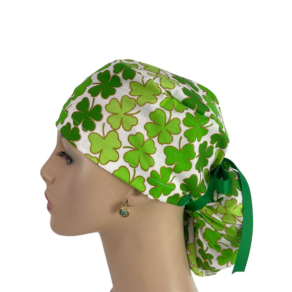Ponytail Medical Scrub Cap - Shamrock and Gold Glitters - Image 3