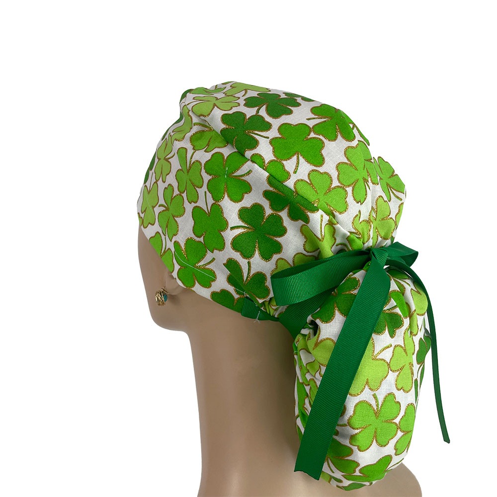 Ponytail Medical Scrub Cap - Shamrock and Gold Glitters - Image 4