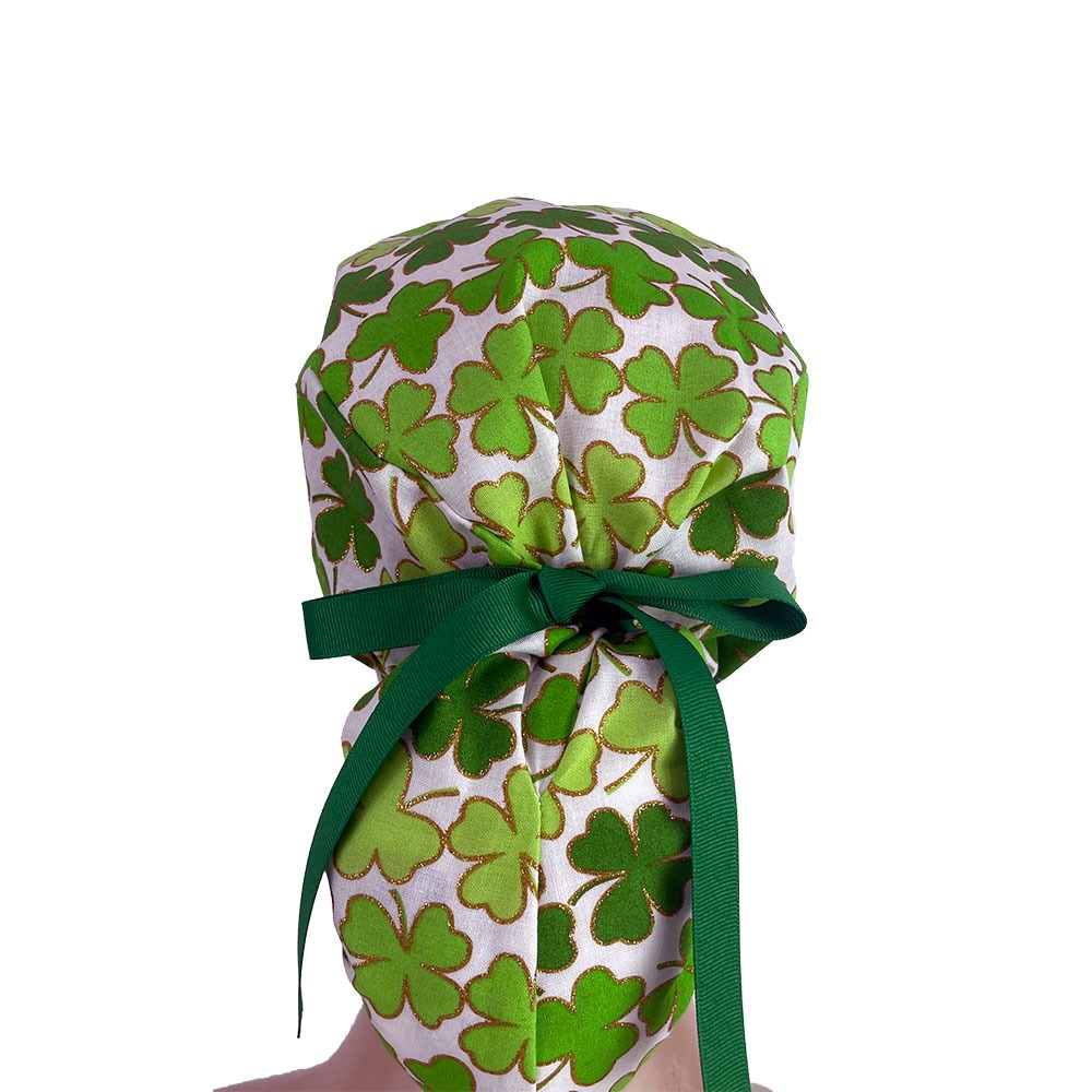 Ponytail Medical Scrub Cap - Shamrock and Gold Glitters - Image 5