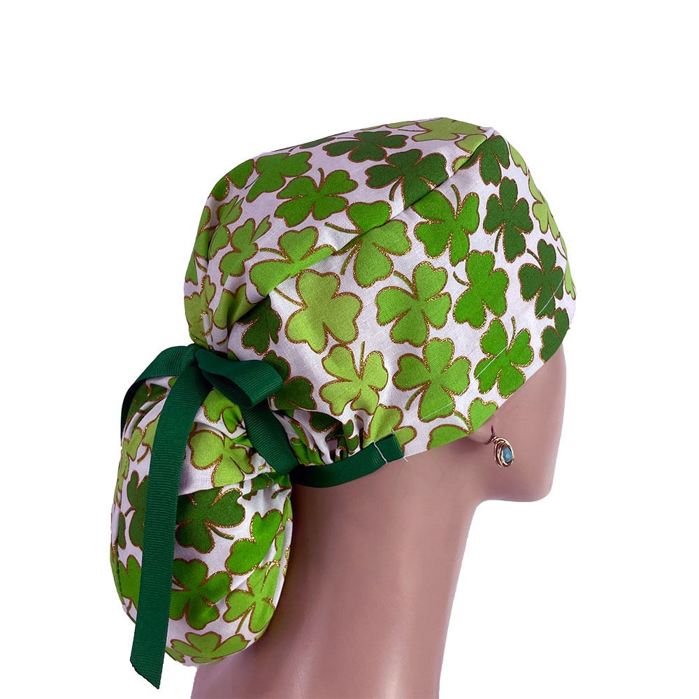 Ponytail Medical Scrub Cap - Shamrock and Gold Glitters - Image 6