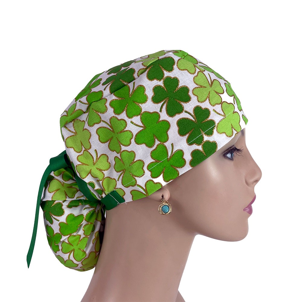 Ponytail Medical Scrub Cap - Shamrock and Gold Glitters - Image 7