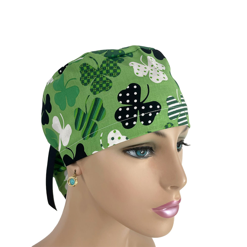 Ponytail Medical Scrub Cap - Patterned Shamrocks Print