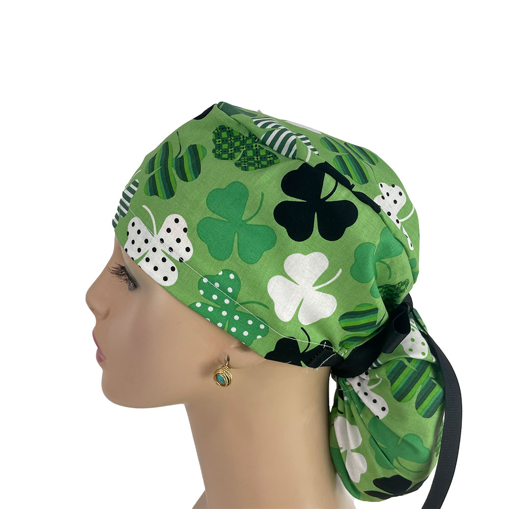 Ponytail Medical Scrub Cap - Patterned Shamrocks Print - Image 3