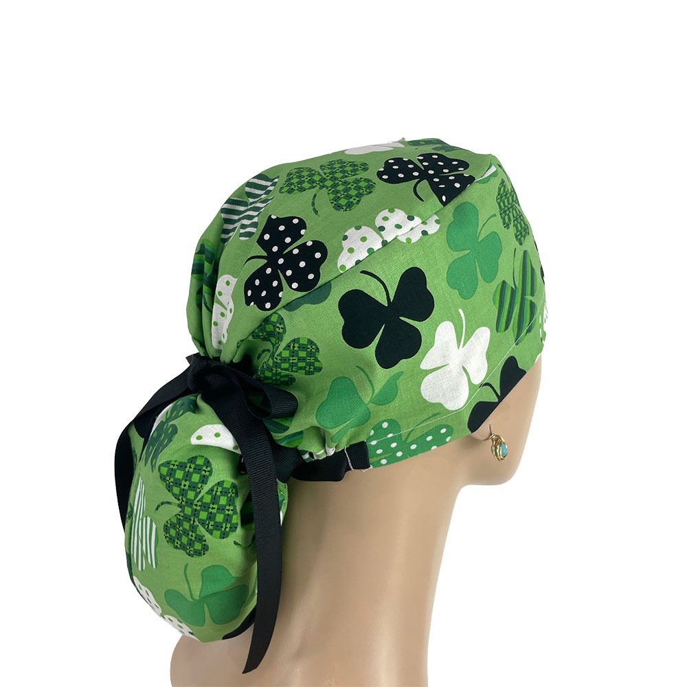 Ponytail Medical Scrub Cap - Patterned Shamrocks Print - Image 6