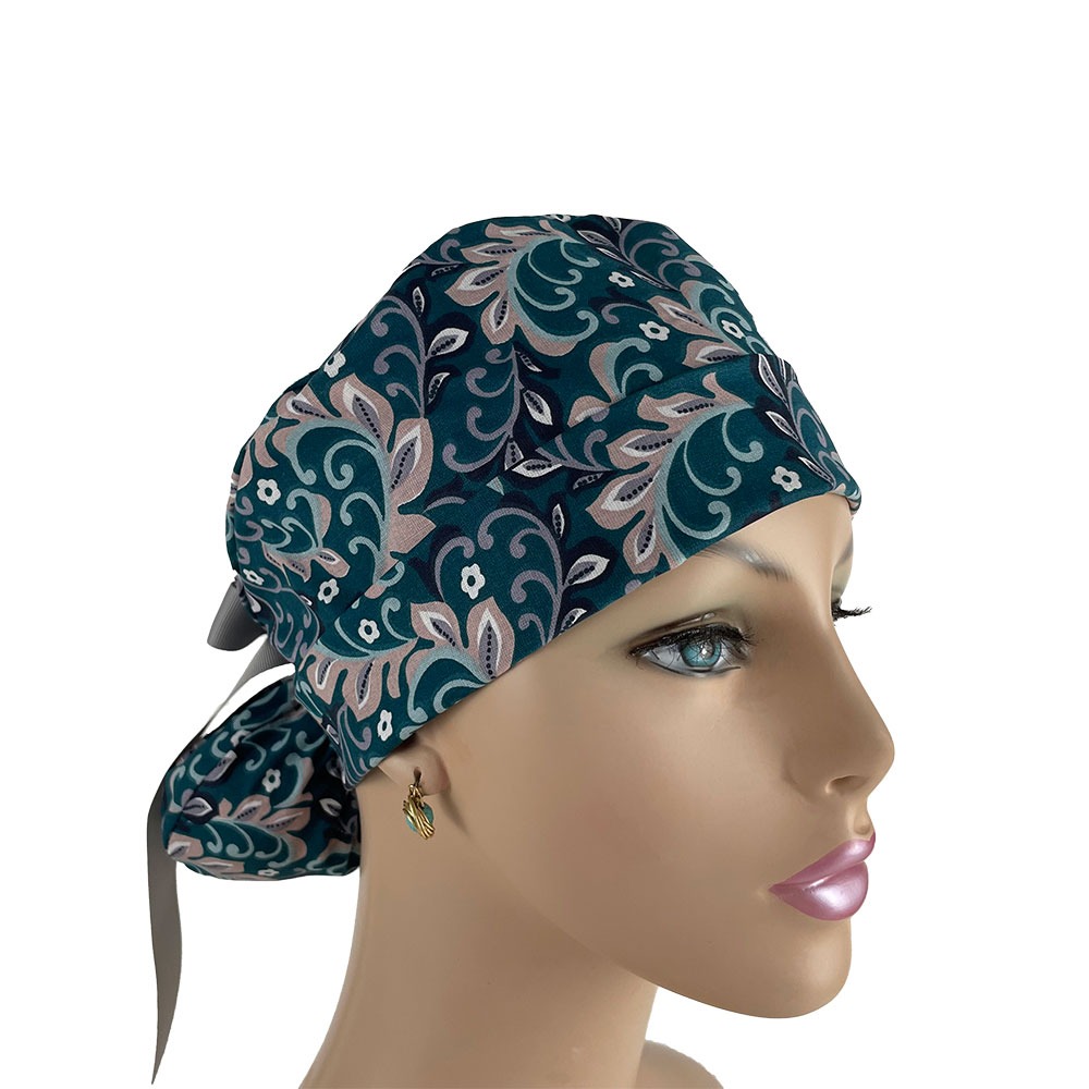 Turn Up Ponytail Medical Scrub Cap - Paisleys in Gray
