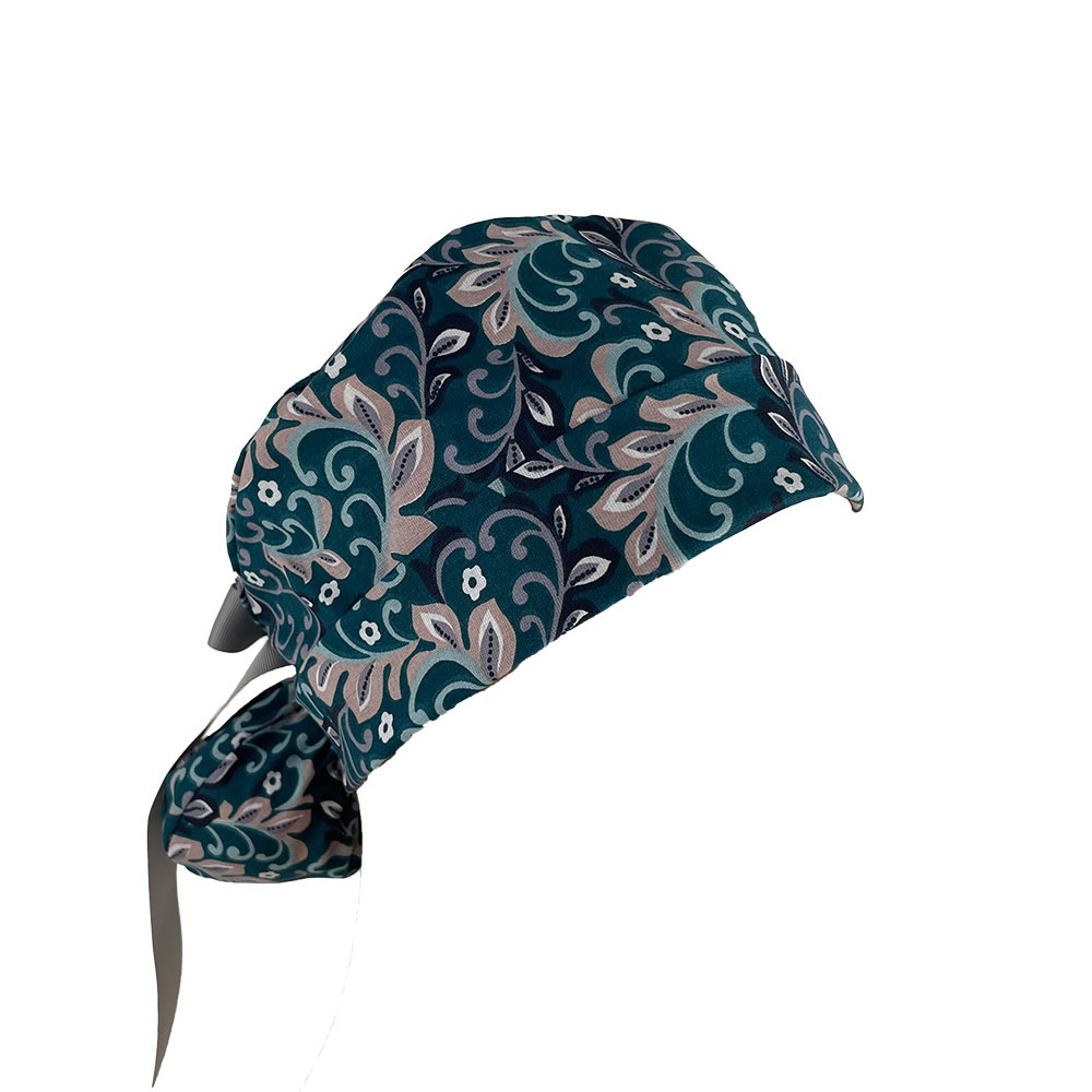 Turn Up Ponytail Medical Scrub Cap - Paisleys in Gray - Image 7