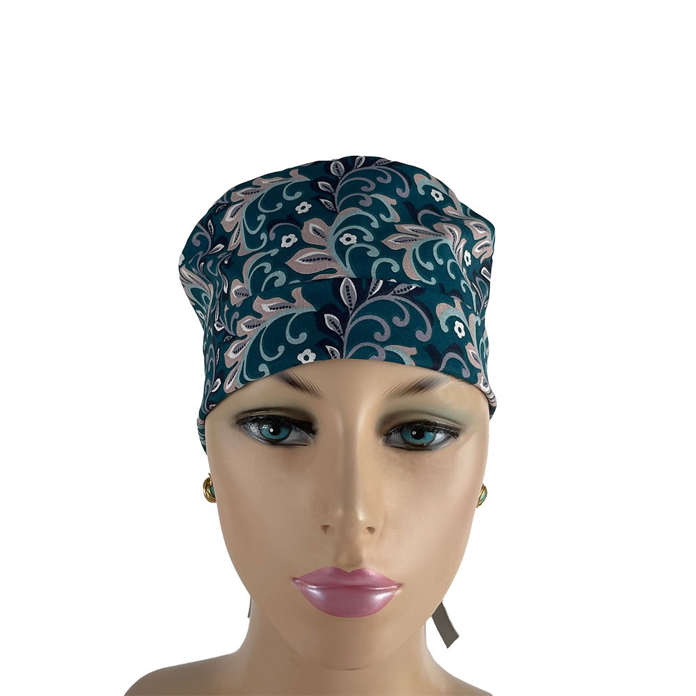 Turn Up Ponytail Medical Scrub Cap - Paisleys in Gray - Image 2