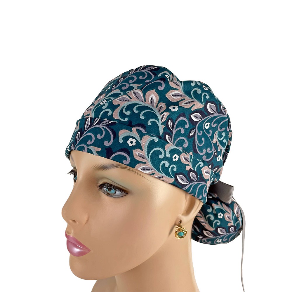 Turn Up Ponytail Medical Scrub Cap - Paisleys in Gray - Image 3