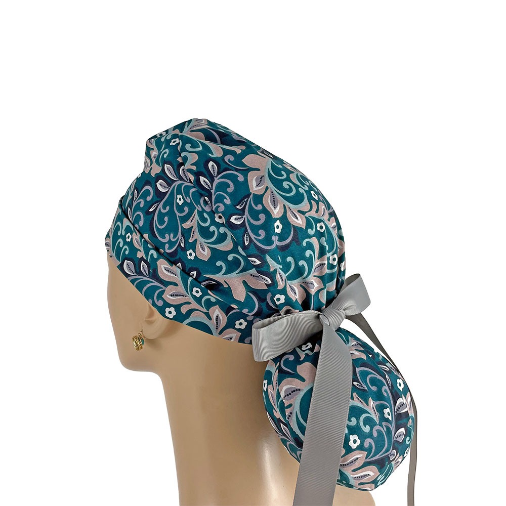 Turn Up Ponytail Medical Scrub Cap - Paisleys in Gray - Image 4