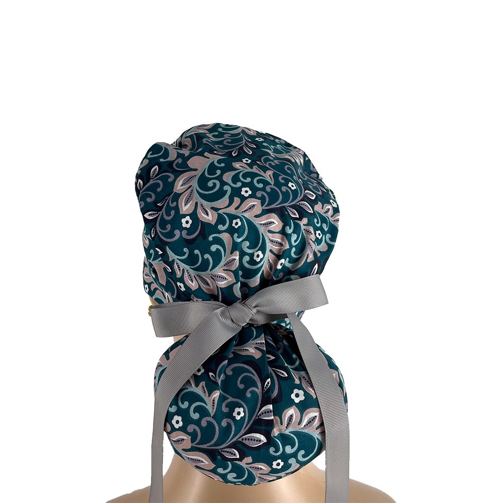 Turn Up Ponytail Medical Scrub Cap - Paisleys in Gray - Image 5