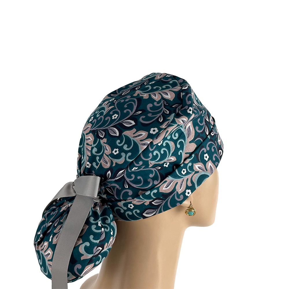 Turn Up Ponytail Medical Scrub Cap - Paisleys in Gray - Image 6