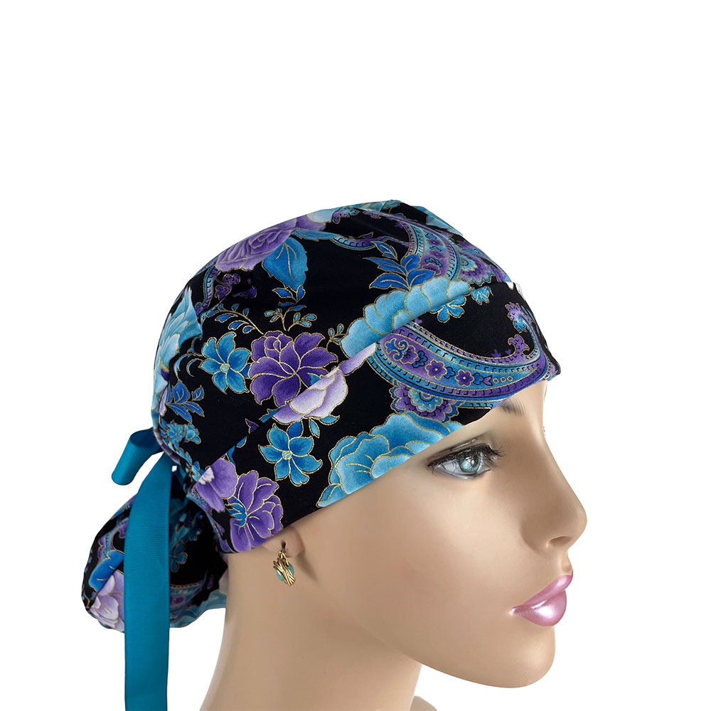 Turn Up Ponytail Medical Scrub Cap - Midnight Flowers