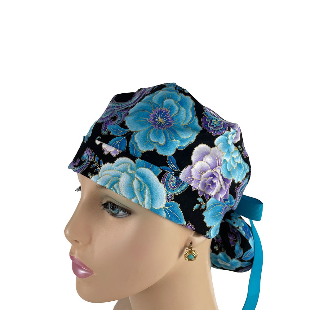 Turn Up Ponytail Medical Scrub Cap - Midnight Flowers - Image 3