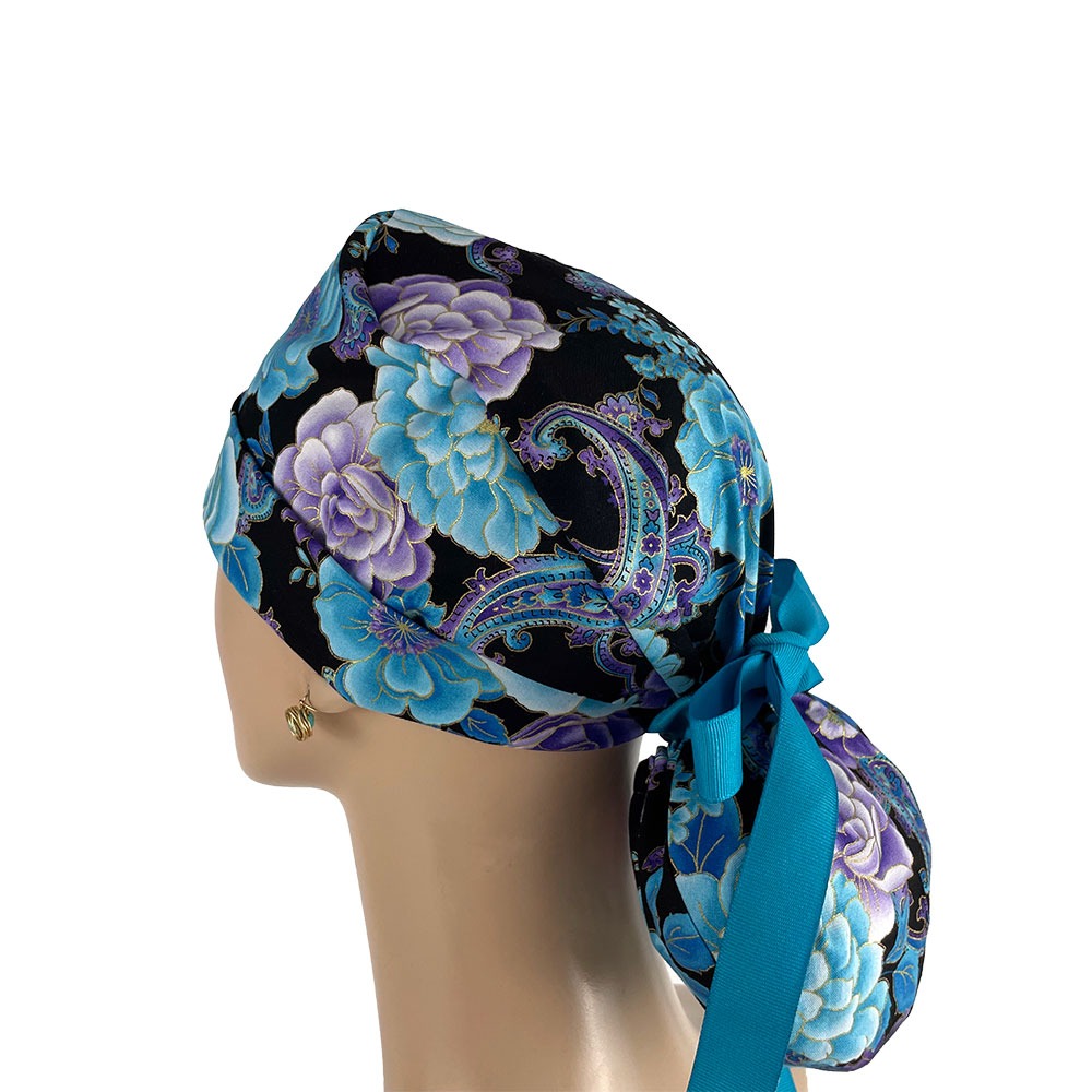 Turn Up Ponytail Medical Scrub Cap - Midnight Flowers - Image 4