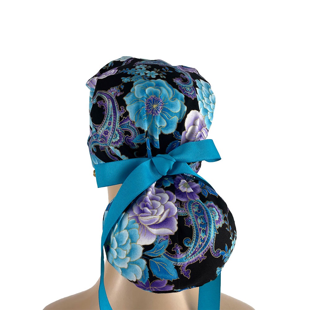 Turn Up Ponytail Medical Scrub Cap - Midnight Flowers - Image 5
