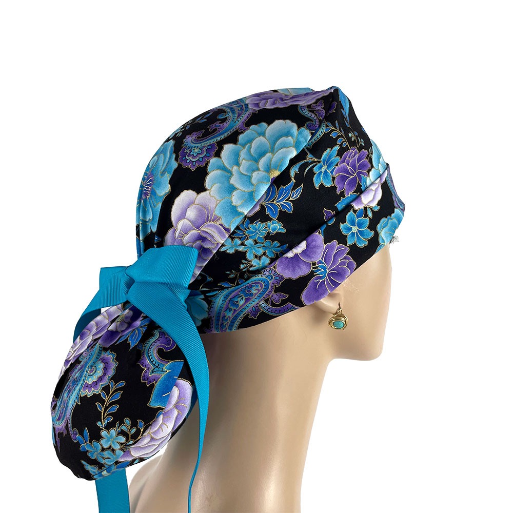 Turn Up Ponytail Medical Scrub Cap - Midnight Flowers - Image 6