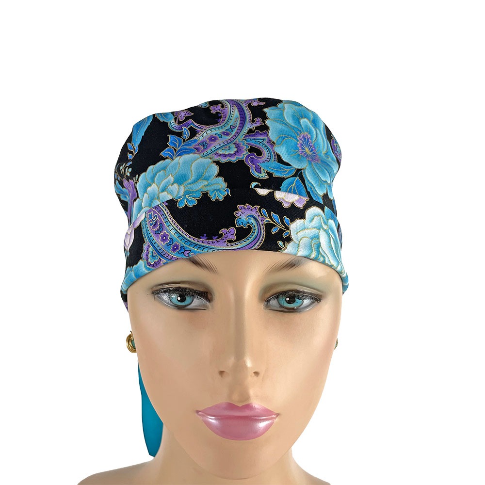 Turn Up Ponytail Medical Scrub Cap - Midnight Flowers - Image 2