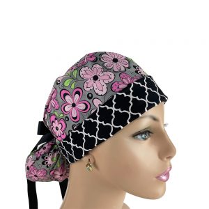 Turn Up Ponytail Medical Scrub Cap - Flowers And Chevrons