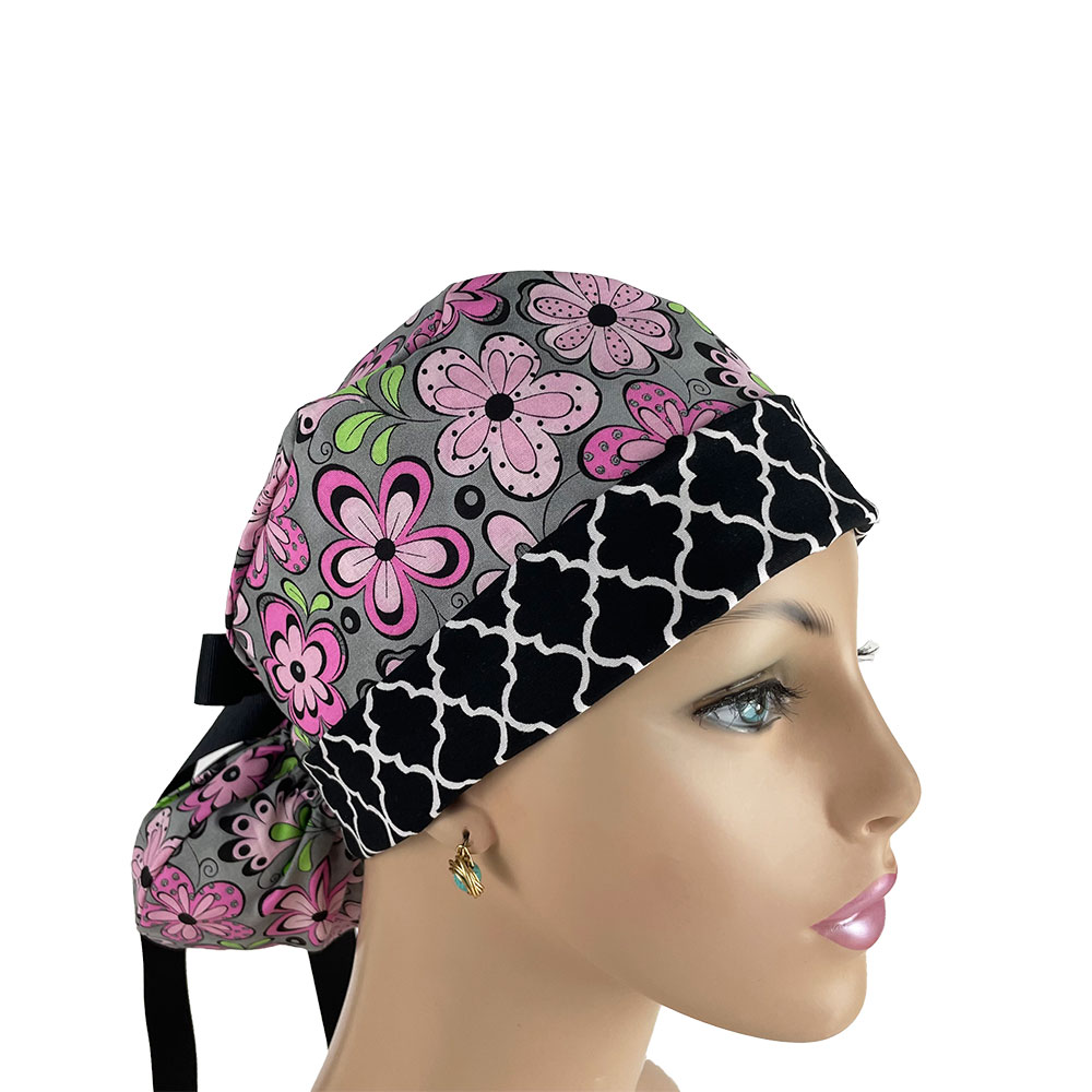 Turn Up Ponytail Medical Scrub Cap - Flowers And Chevrons
