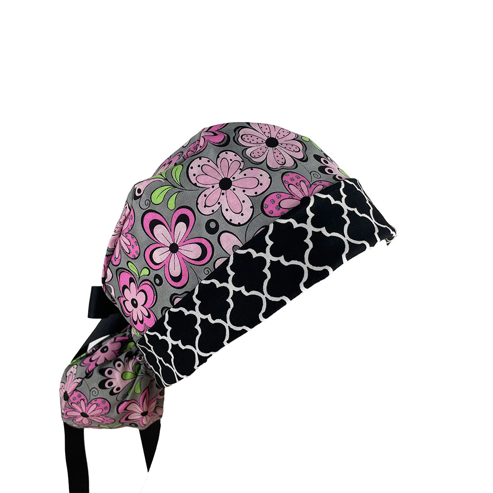 Turn Up Ponytail Medical Scrub Cap - Flowers And Chevrons - Image 7