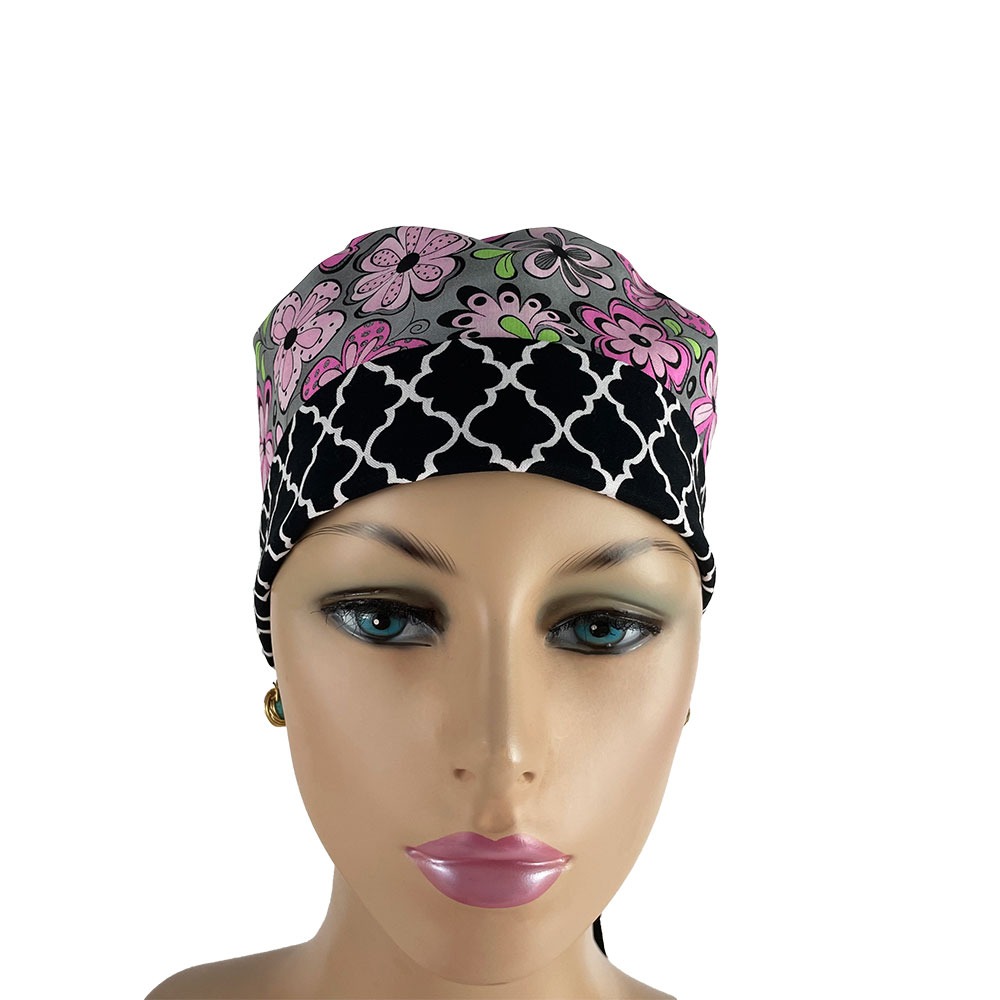 Turn Up Ponytail Medical Scrub Cap - Flowers And Chevrons - Image 2