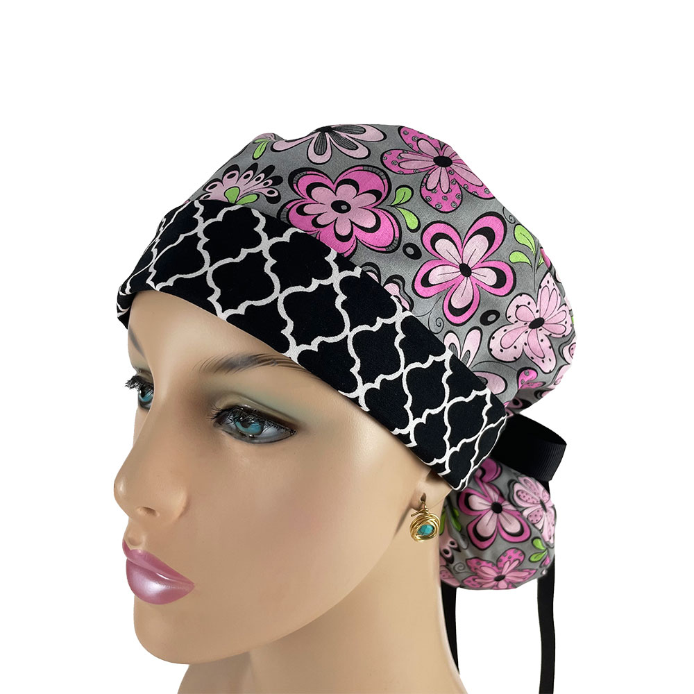Turn Up Ponytail Medical Scrub Cap - Flowers And Chevrons - Image 3
