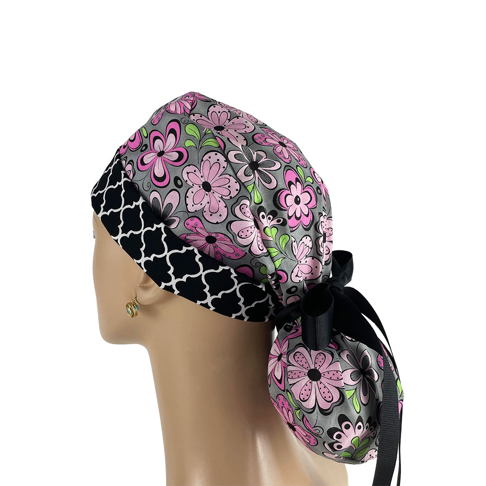 Turn Up Ponytail Medical Scrub Cap - Flowers And Chevrons - Image 4