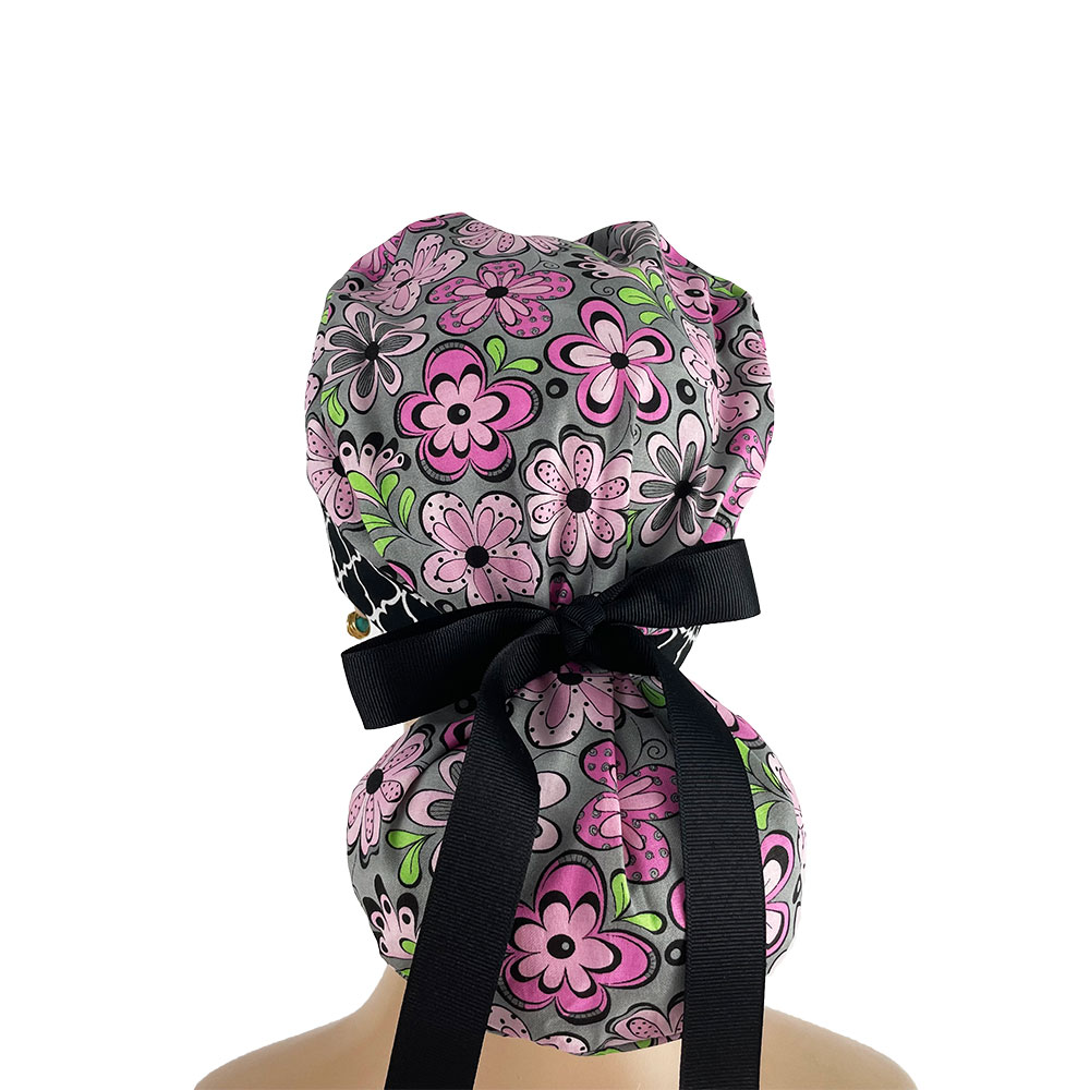 Turn Up Ponytail Medical Scrub Cap - Flowers And Chevrons - Image 5