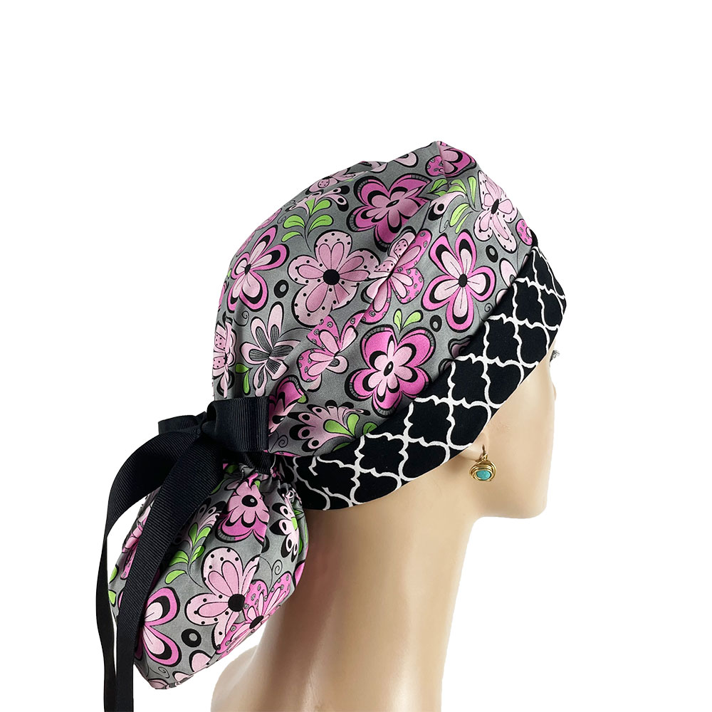 Turn Up Ponytail Medical Scrub Cap - Flowers And Chevrons - Image 6