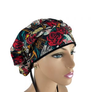 Bouffant Medical Scrub Cap-Skulls Roses & Tequila - Black