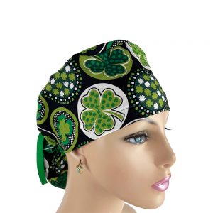 Ponytail Medical Scrub Cap - Shamrocks and Dots