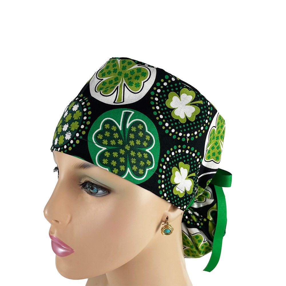 Ponytail Medical Scrub Cap - Shamrocks and Dots - Image 2