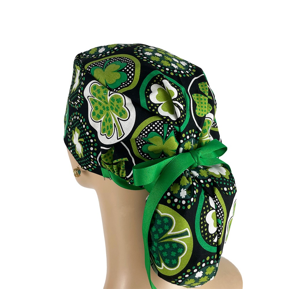 Ponytail Medical Scrub Cap - Shamrocks and Dots - Image 3