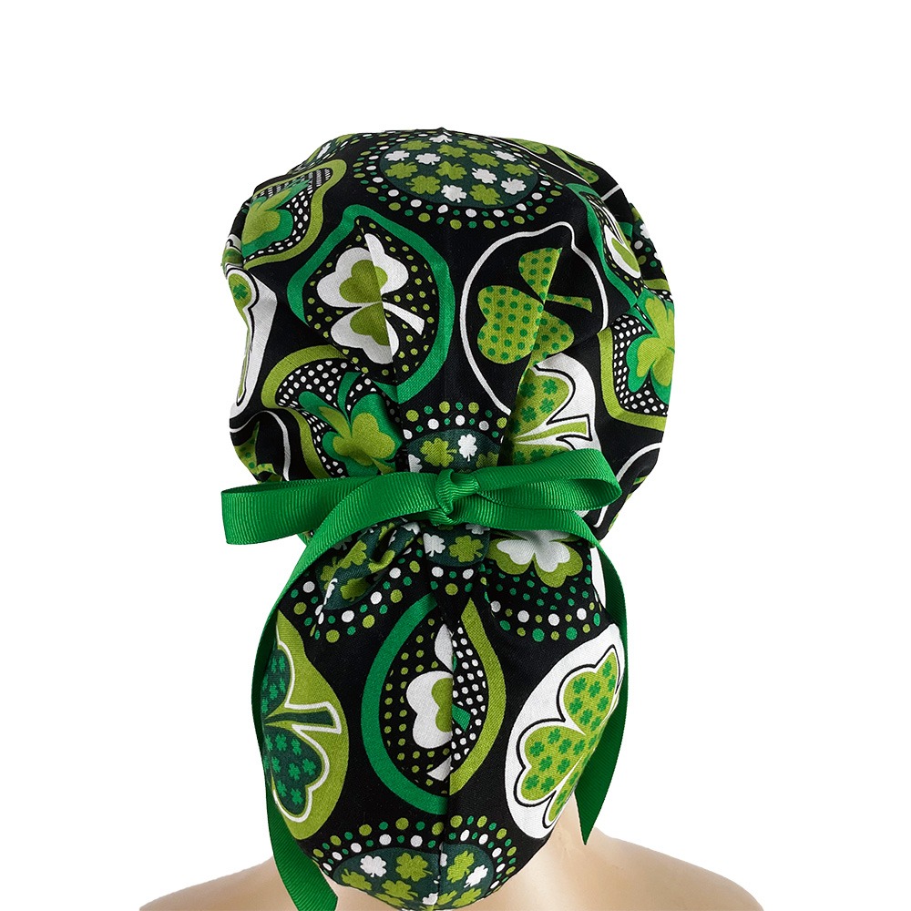 Ponytail Medical Scrub Cap - Shamrocks and Dots - Image 4