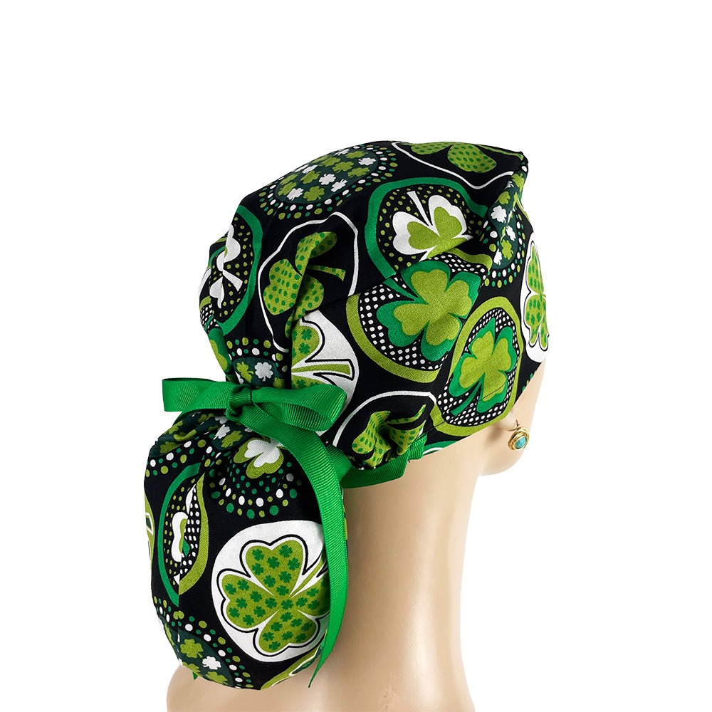 Ponytail Medical Scrub Cap - Shamrocks and Dots - Image 5