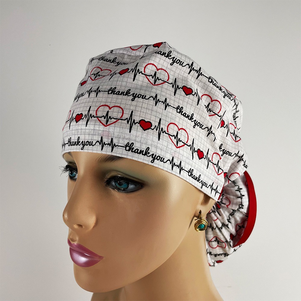 Ponytail Medical Scrub Cap - Calling All Nurses - Cardiograph - White - Image 2