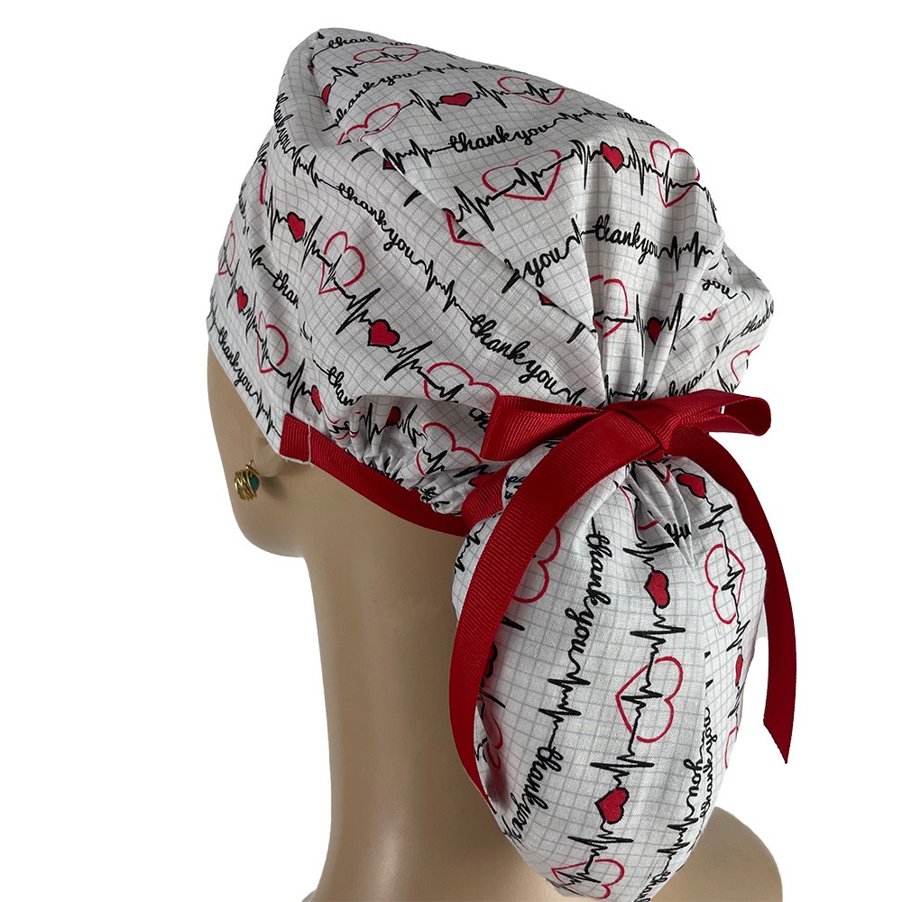 Ponytail Medical Scrub Cap - Calling All Nurses - Cardiograph - White - Image 3