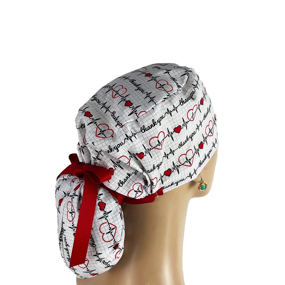 Ponytail Medical Scrub Cap - Calling All Nurses - Cardiograph - White - Image 5