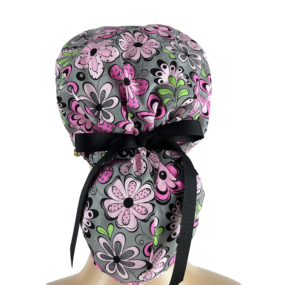 Ponytail Medical Scrub Cap - Pink & Gray Madison Floral - Image 4