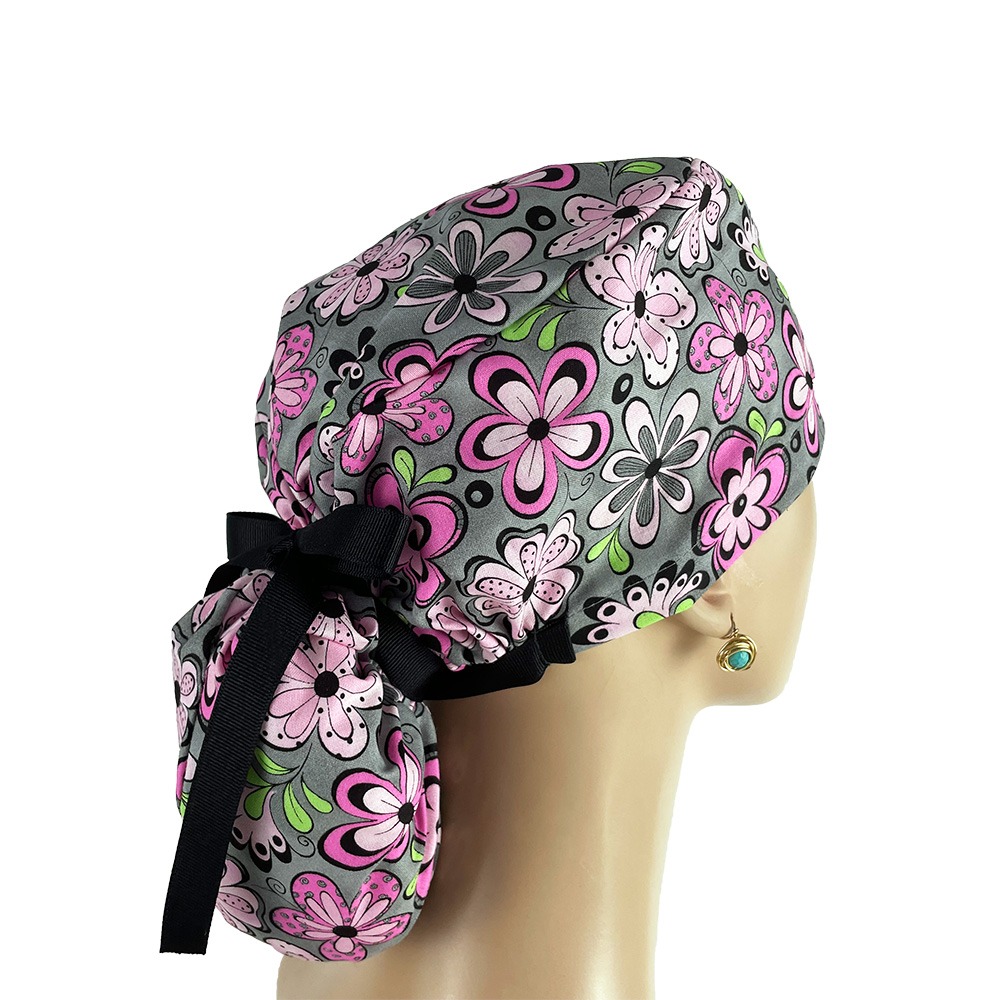 Ponytail Medical Scrub Cap - Pink & Gray Madison Floral - Image 5