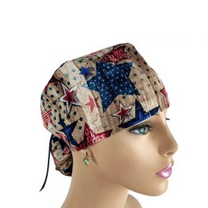 Ponytail Medical Scrub Cap - Stars on Wood Planks