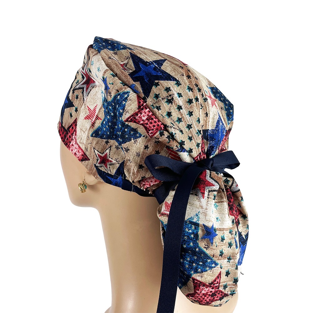 Ponytail Medical Scrub Cap - Stars on Wood Planks - Image 3