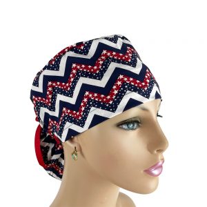 Ponytail Medical Scrub Cap - Chevron & Stars Red, White, Blue