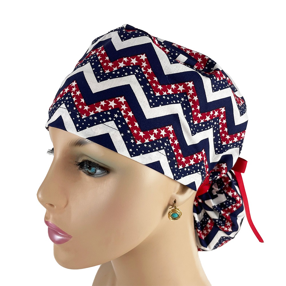 Ponytail Medical Scrub Cap - Chevron & Stars Red, White, Blue - Image 2