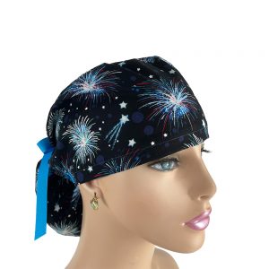 Ponytail Medical Scrub Cap - Fireworks On Black